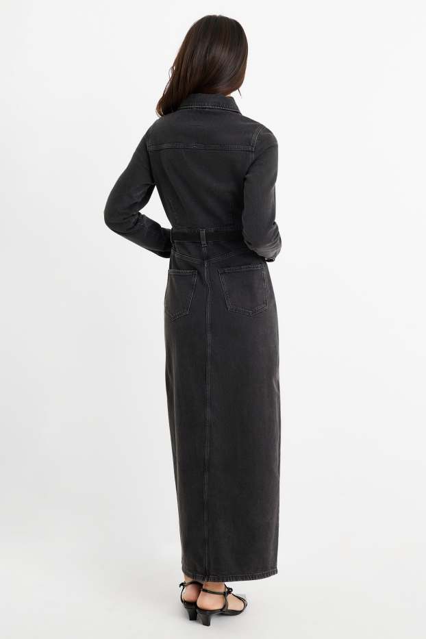 Dames - Denim blousejurk met ceintuur - jeansdonkergrijs