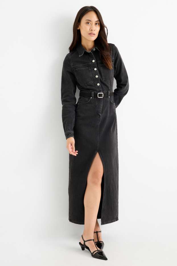 Dames - Denim blousejurk met ceintuur - jeansdonkergrijs