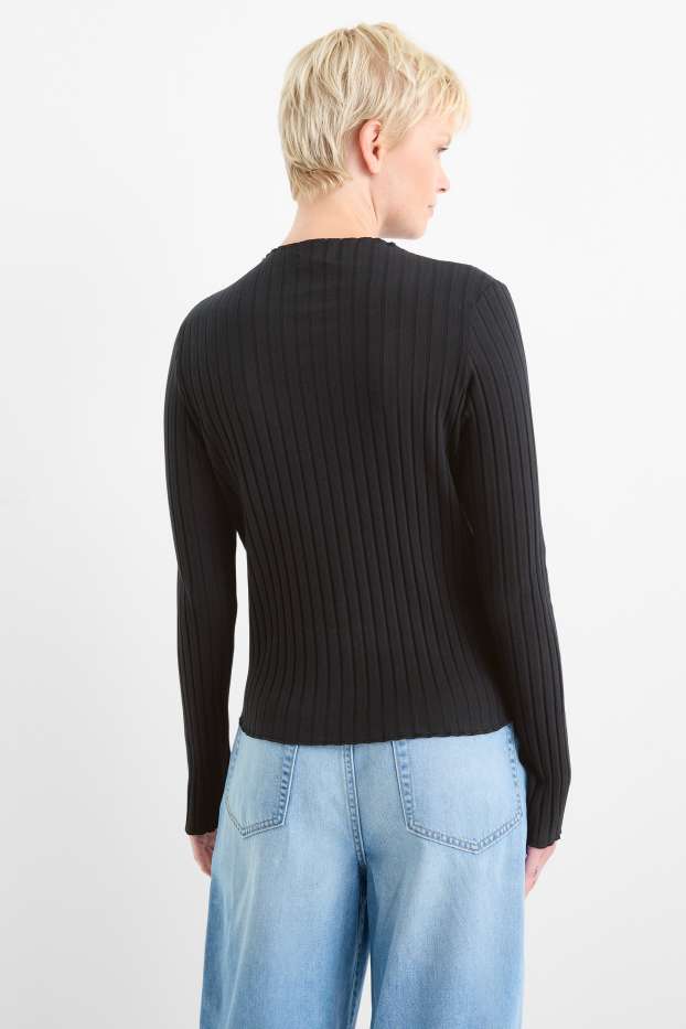 Women - Basic long sleeve top - ribbed - black