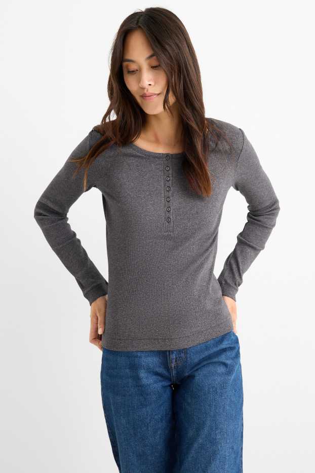 Dona - Samarreta de mànigues llargues d’estil henley - slim fit - acanalada - gris fosc