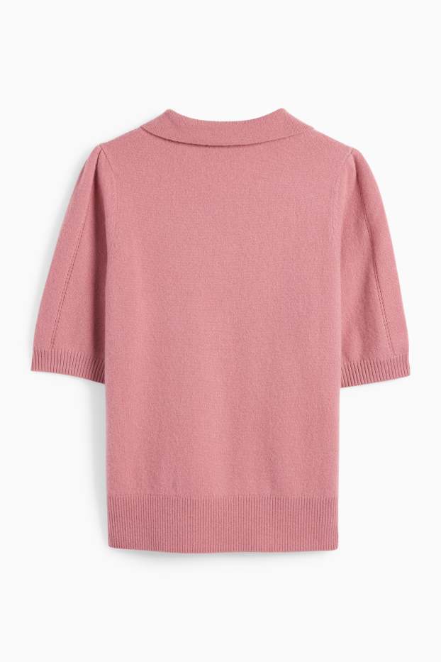 Women - Knitted cashmere jumper - short sleeve - pink