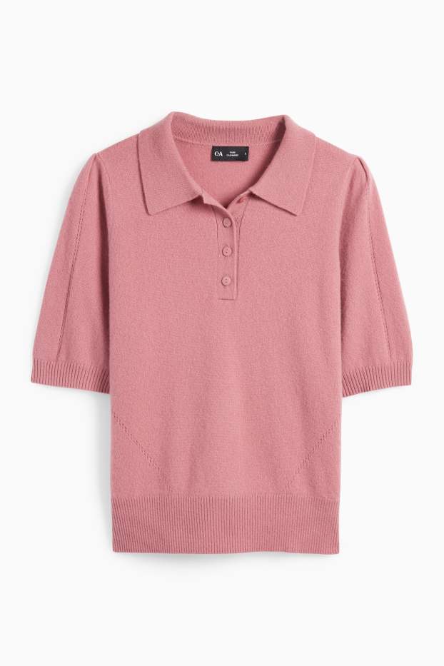Women - Knitted cashmere jumper - short sleeve - pink