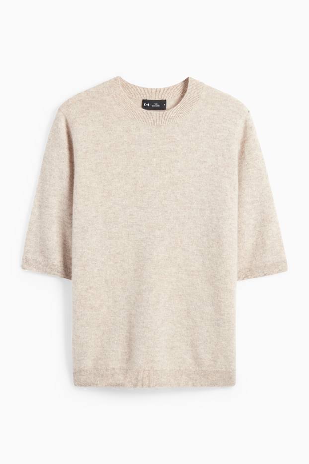 Dames - Gebreide trui van kasjmier - korte mouwen - licht beige