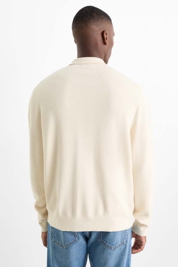 Herren - Langarm-Poloshirt gestrickt  - cremeweiß