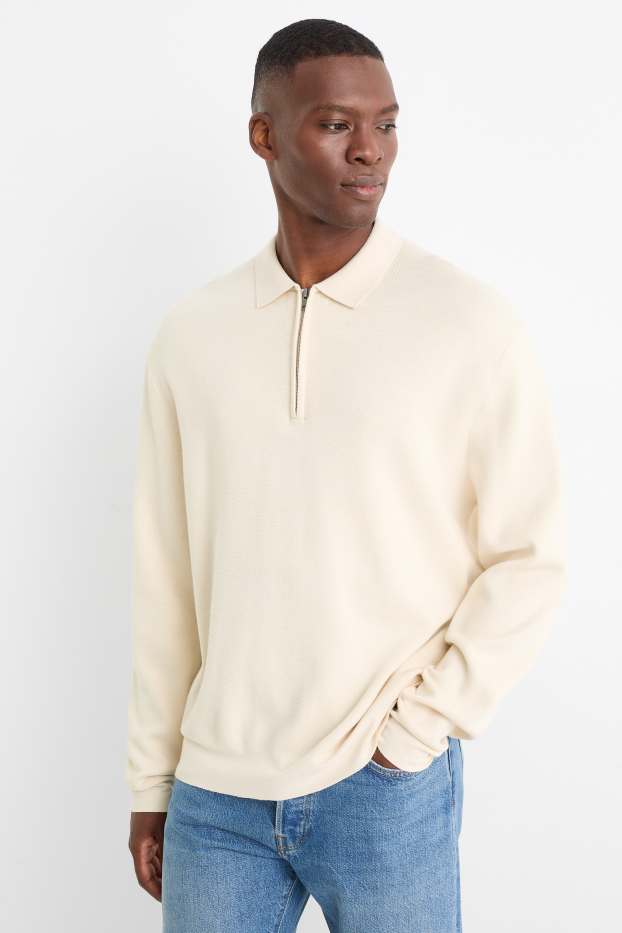 Herren - Langarm-Poloshirt gestrickt  - cremeweiß