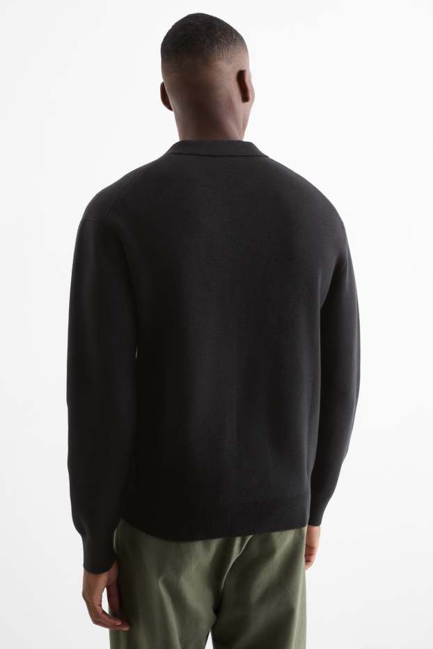 Herren - Langarm-Poloshirt - gestrickt - schwarz
