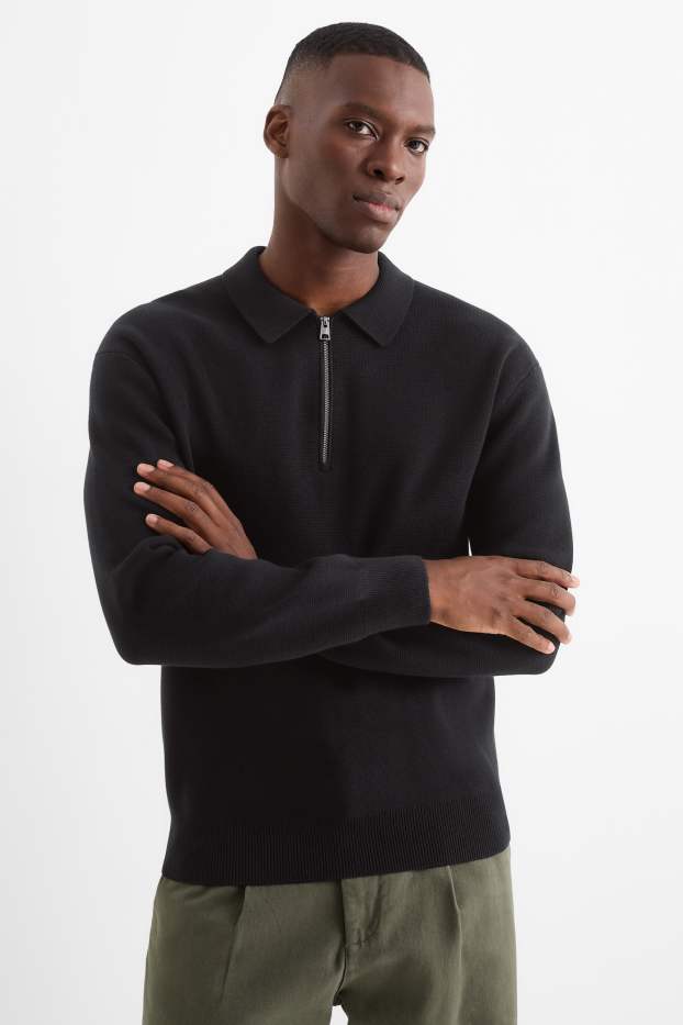 Herren - Langarm-Poloshirt - gestrickt - schwarz