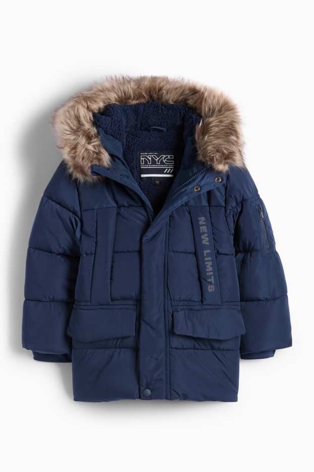 Niños - Chaqueta acolchada con capucha y pelo sintético - azul oscuro