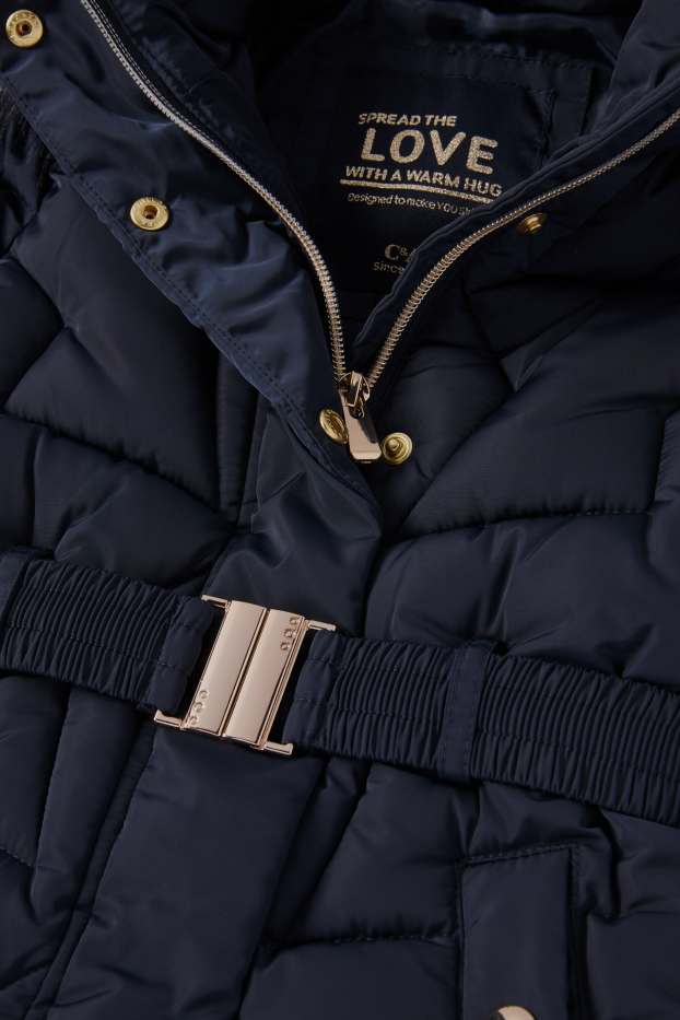 Kinder Mädchen - Steppjacke mit Kapuze und Kunstfellbesatz - dunkelblau