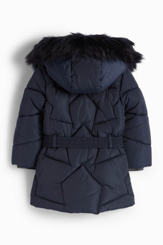 Kinder Mädchen - Steppjacke mit Kapuze und Kunstfellbesatz - dunkelblau