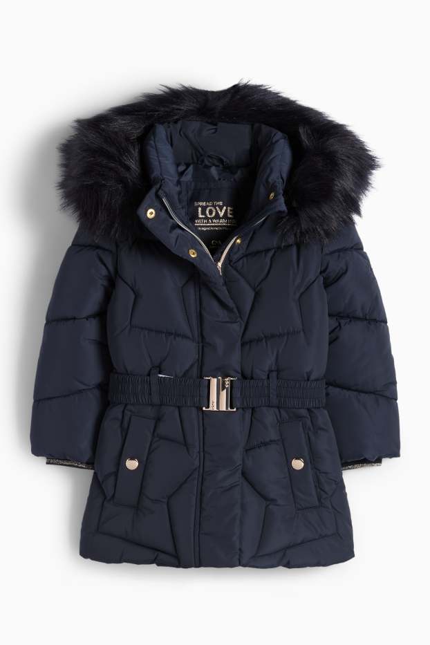 Kinder Mädchen - Steppjacke mit Kapuze und Kunstfellbesatz - dunkelblau