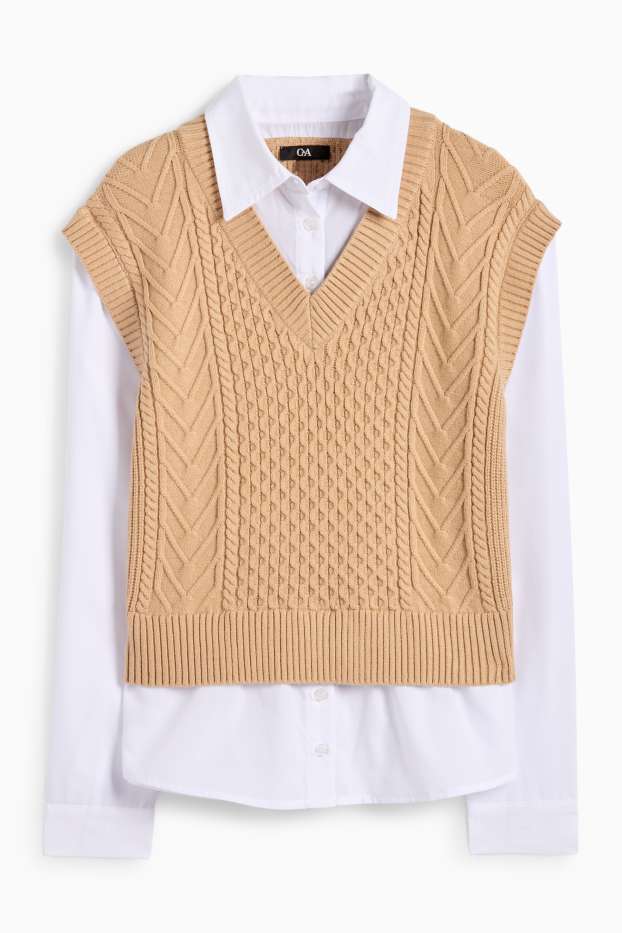 Donna - Gilet - effetto sovrapposto - motivo a treccia - bianco / beige