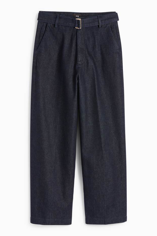 Women - Barrel jeans with belt - high waist - denim-dark blue