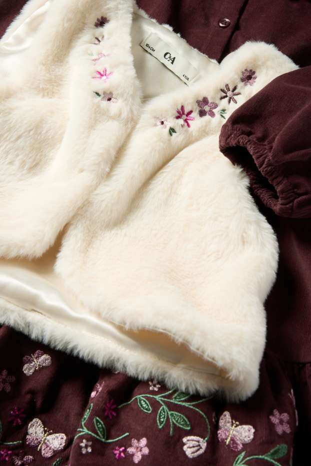 Nena - Flors - conjunt - vestit de pana, armilla de pèl sintètic i leotards - bordeus