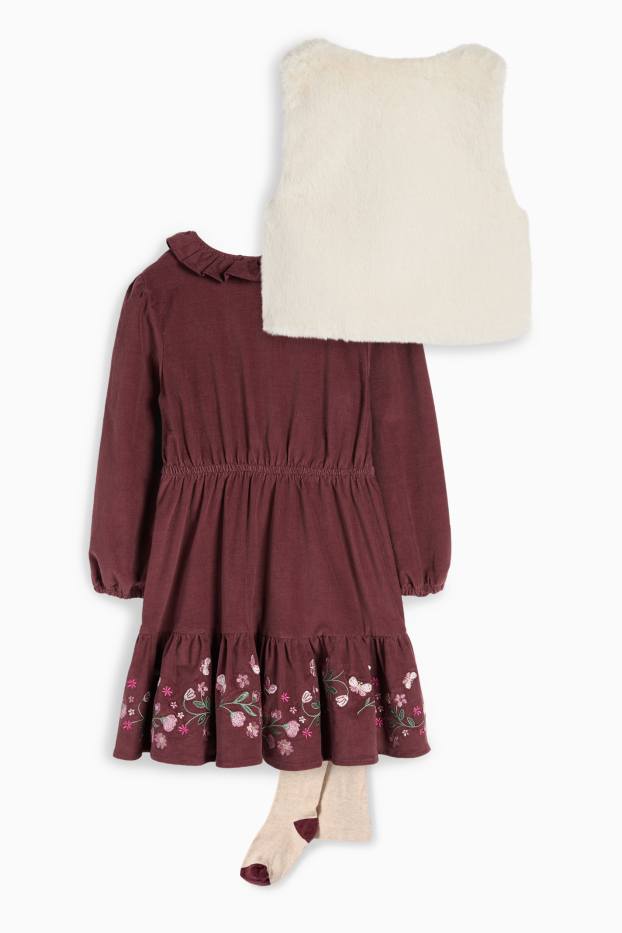 Nena - Flors - conjunt - vestit de pana, armilla de pèl sintètic i leotards - bordeus