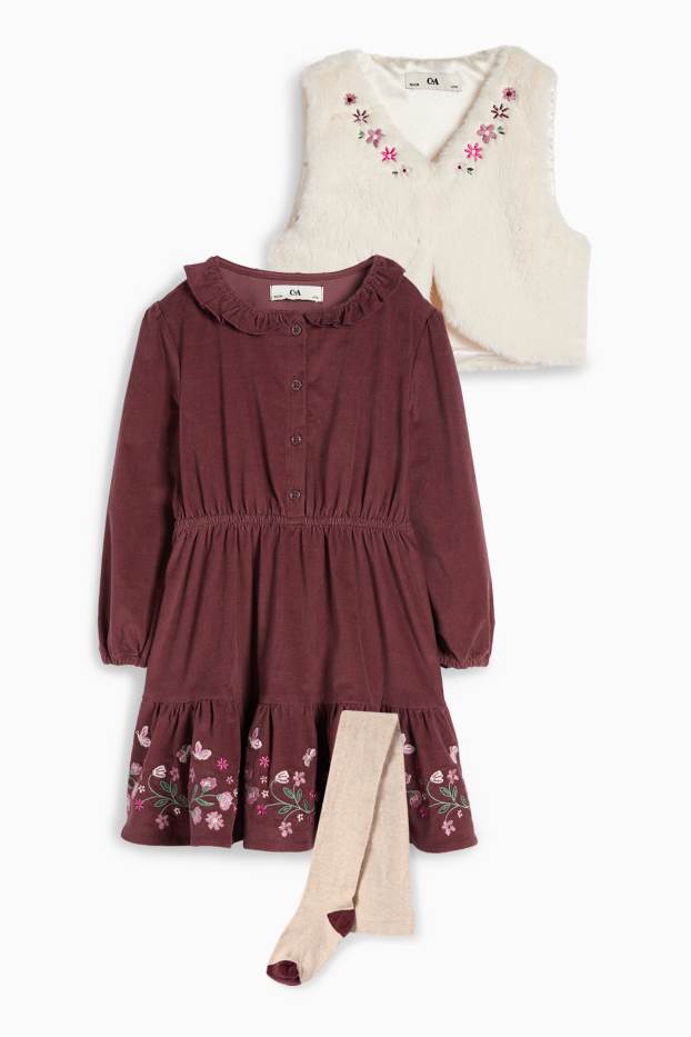 Nena - Flors - conjunt - vestit de pana, armilla de pèl sintètic i leotards - bordeus