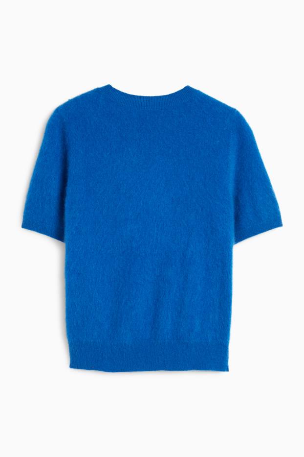 Dames - Gebreide trui van kasjmier - korte mouwen - blauw
