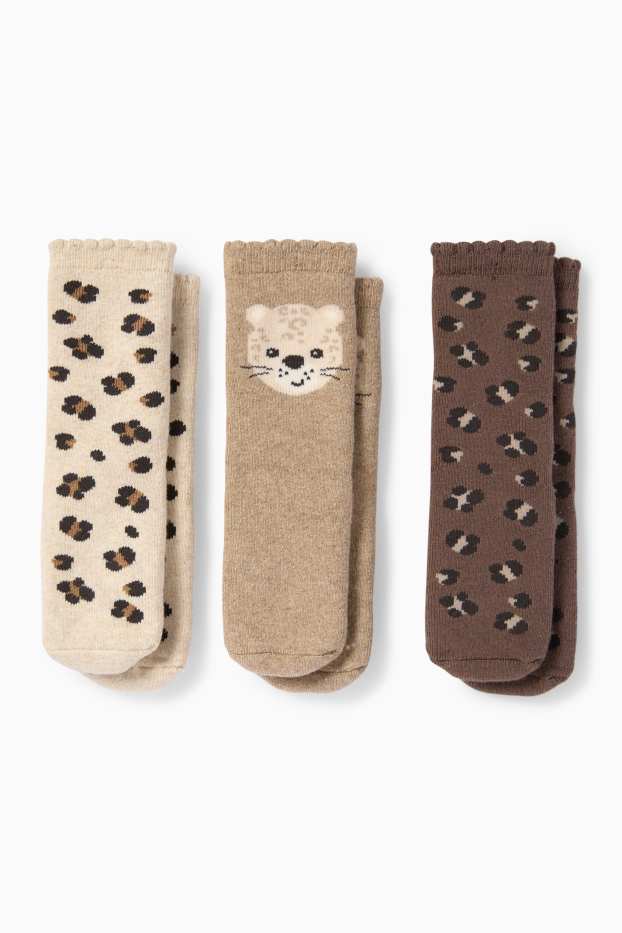 Baby Girls - Multipack of 3 - leopard - non-slip baby socks with motif - light beige