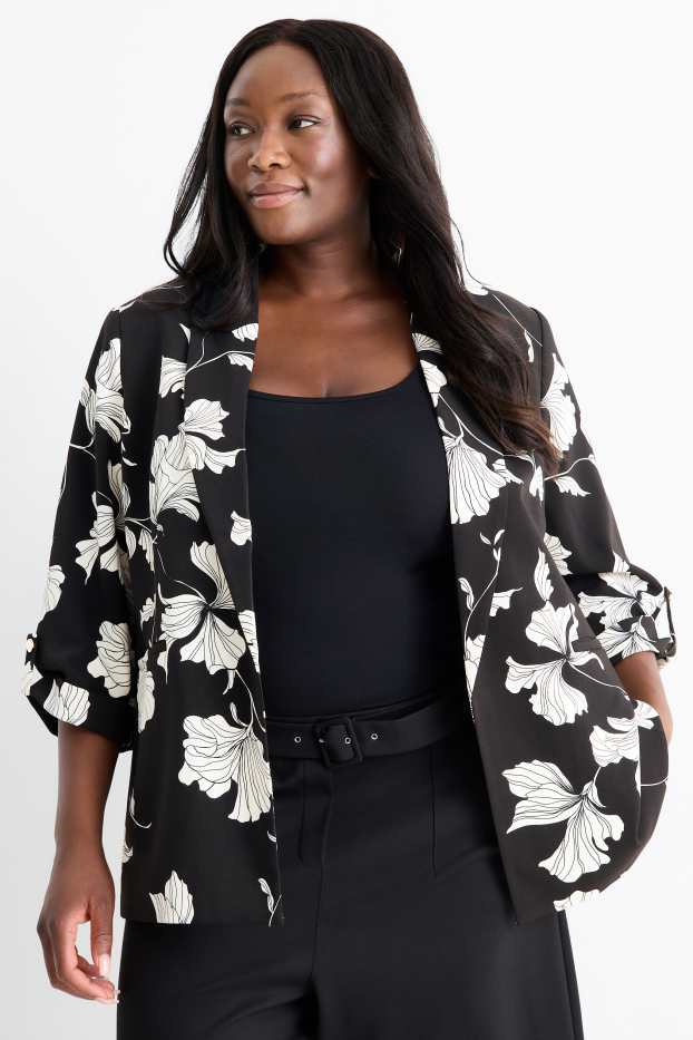 Damen - Longblazer - Relaxed Fit - geblümt - schwarz / weiß