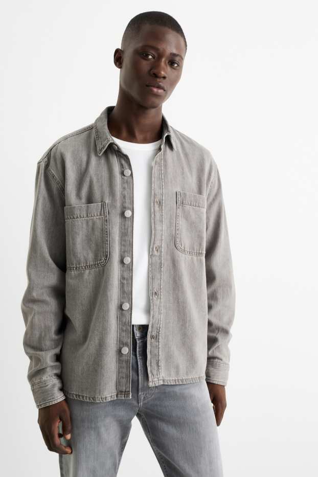 Uomo - Camicia di jeans - relaxed fit - collo all'italiana - jeans grigio chiaro