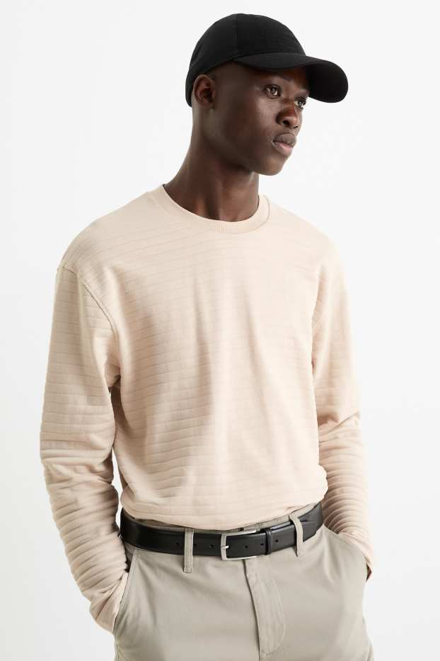 Herren - Langarmshirt - gestreift - strukturiert - hellbeige
