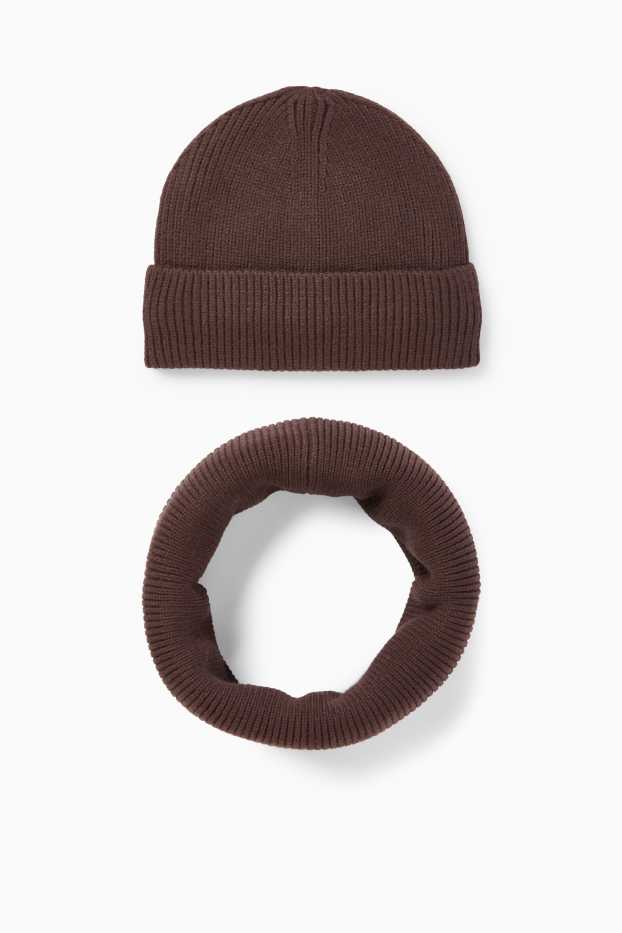 Children Boys - Set - hat and snood - 2 piece - ribbed - dark brown