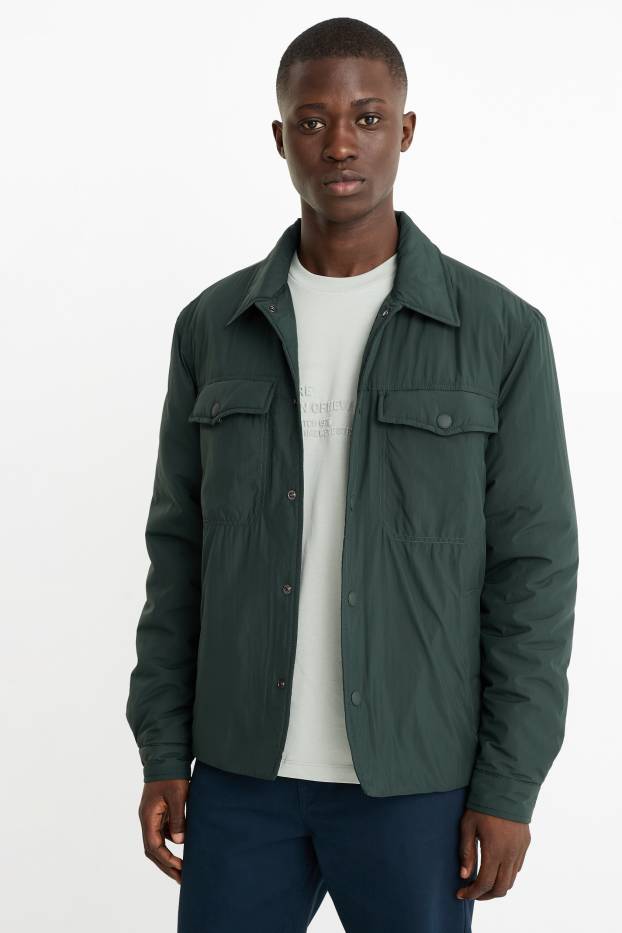 Uomo - Giacca camicia - imbottita - relaxed fit - collo all'italiana - verde scuro