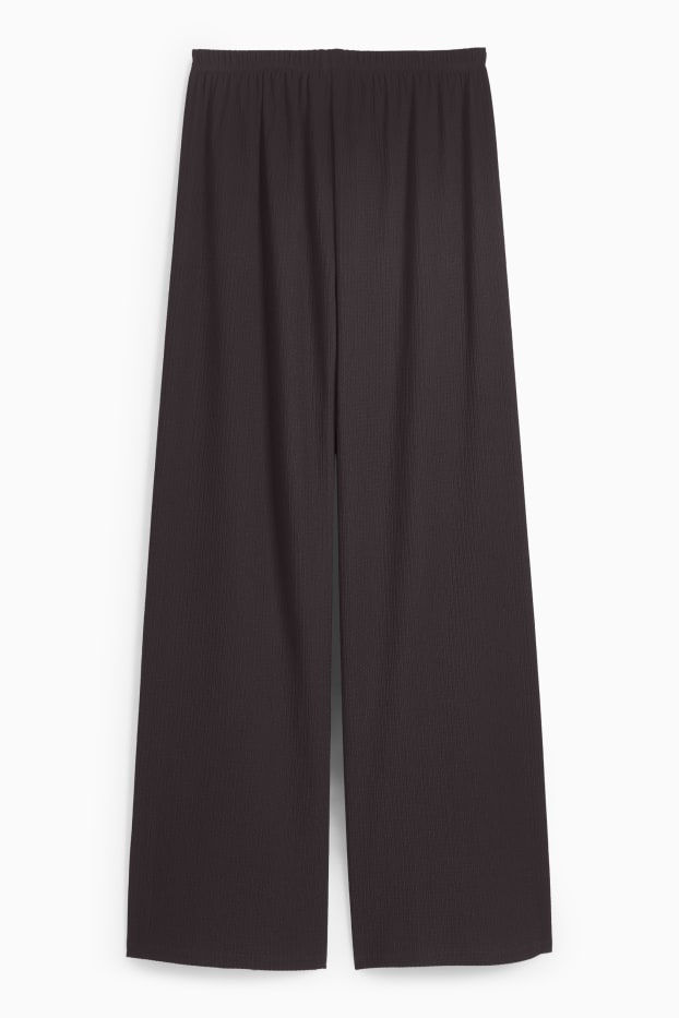 Dames - Broek van jersey - mid waist - wide leg - met structuur - donkerbruin