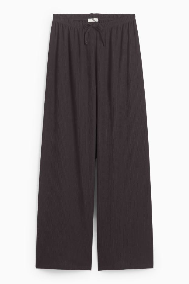 Dames - Broek van jersey - mid waist - wide leg - met structuur - donkerbruin
