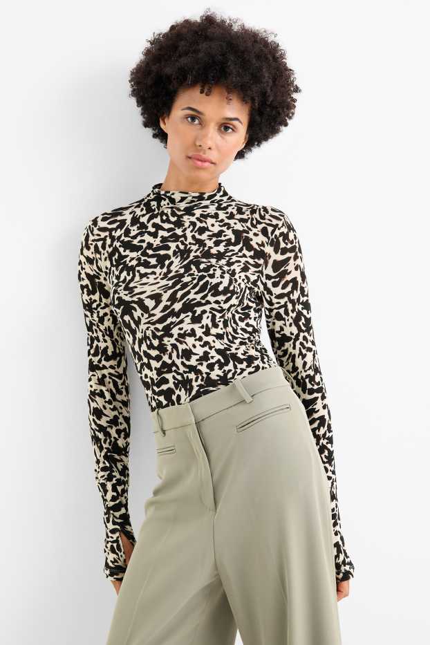 Donna - Maglia a maniche lunghe - fantasia - nero / beige