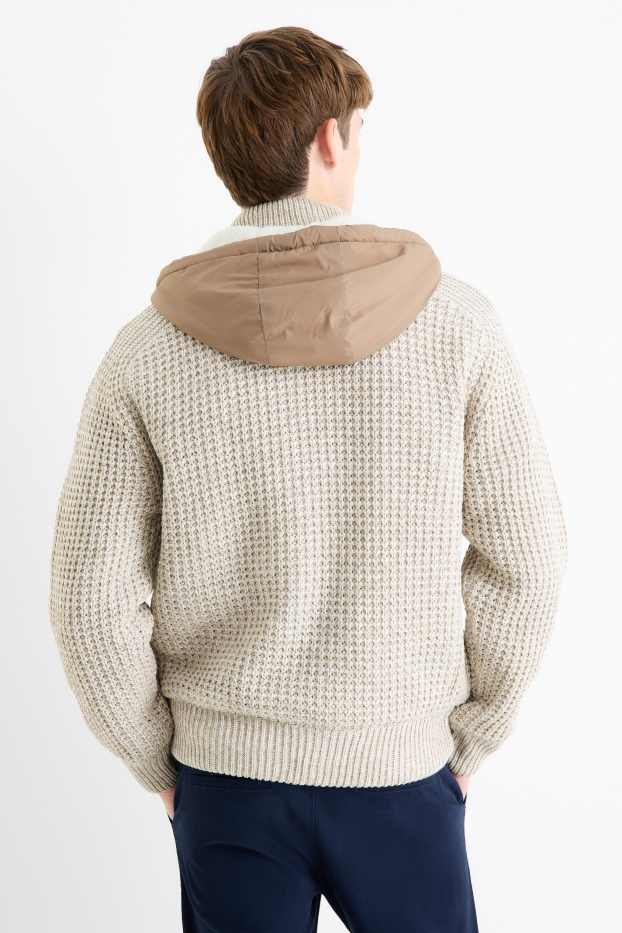 Men - Cardigan with hood - lined - textured - light beige