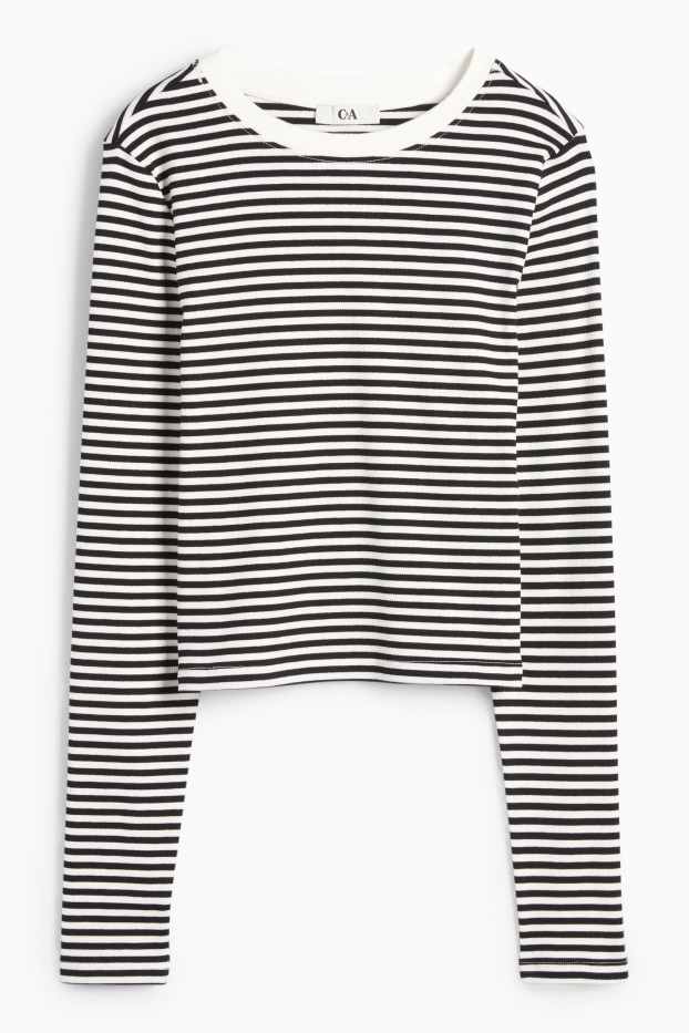 Mujer - Camiseta crop de manga larga - de canalé - de rayas - negro / blanco
