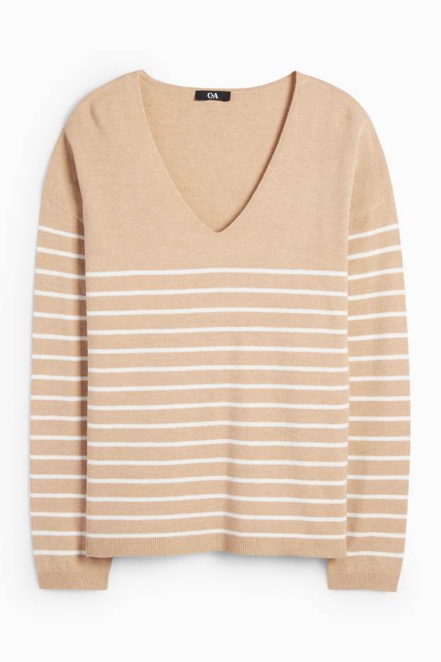 Mujer - Jersey con escote en pico - de rayas - beis