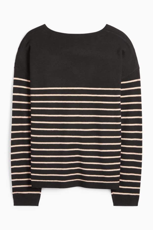 Donna - Maglione scollo a V - a righe - nero