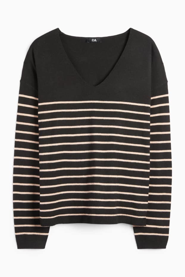 Donna - Maglione scollo a V - a righe - nero