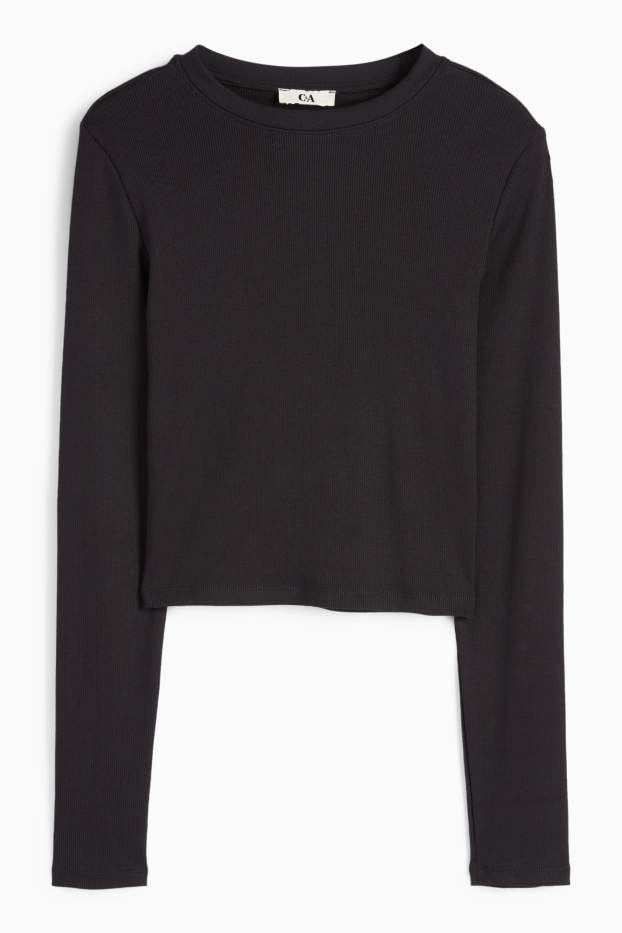 Damen - Crop Langarmshirt - gerippt - schwarz