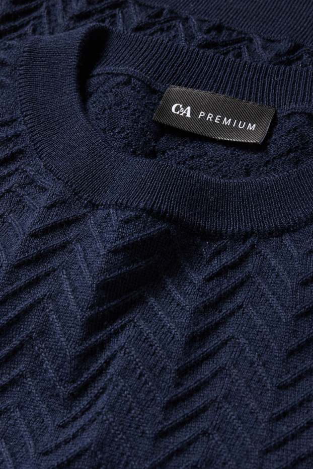 Men - Jumper - wool blend - textured - dark blue