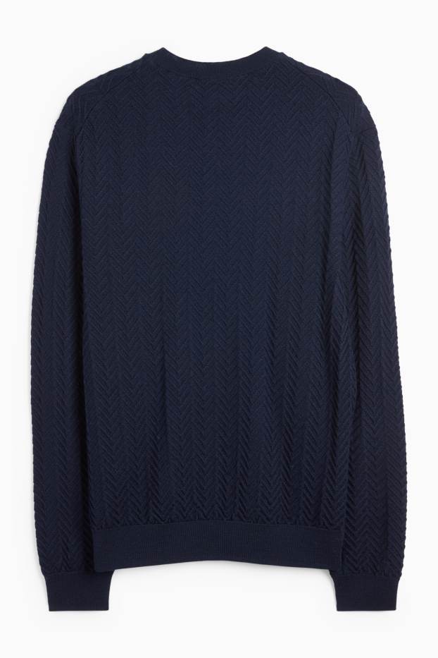 Men - Jumper - wool blend - textured - dark blue