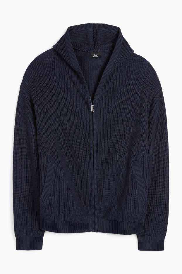 Uomo - Cardigan con cappuccio - a coste - blu scuro