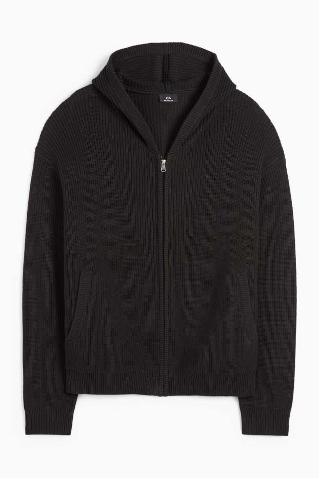 Hombre - Cárdigan con capucha - de canalé - negro