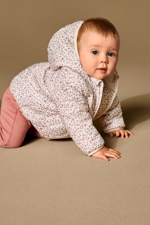 Baby Mädchen - Baby-Steppjacke mit Kapuze - wasserabweisend - geblümt - weiß / rosa