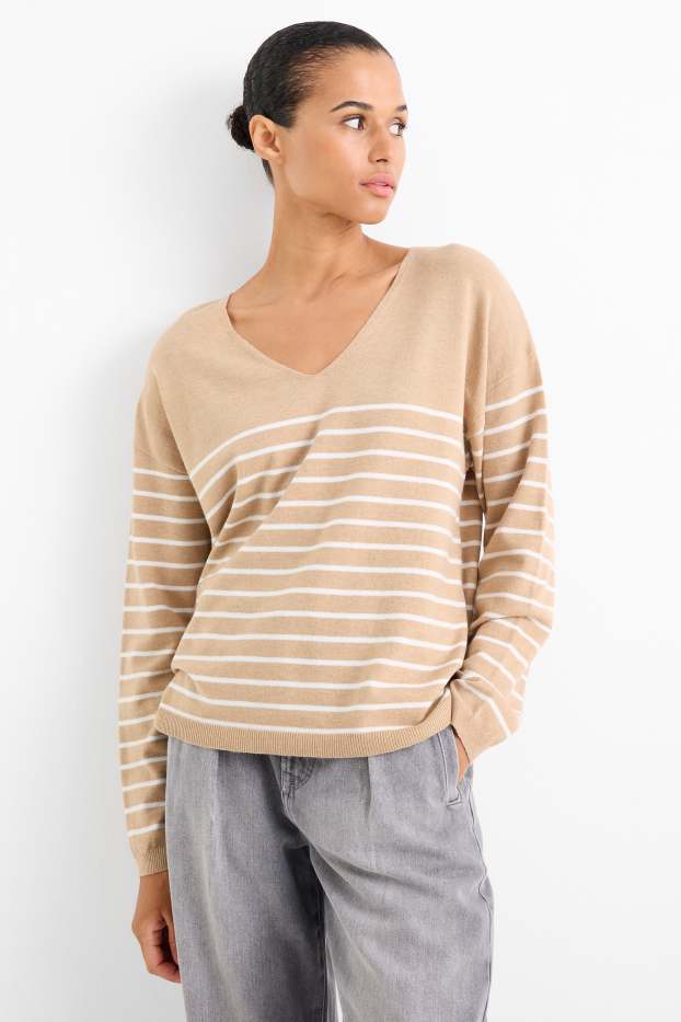 Dames - Trui met V-hals - gestreept - beige