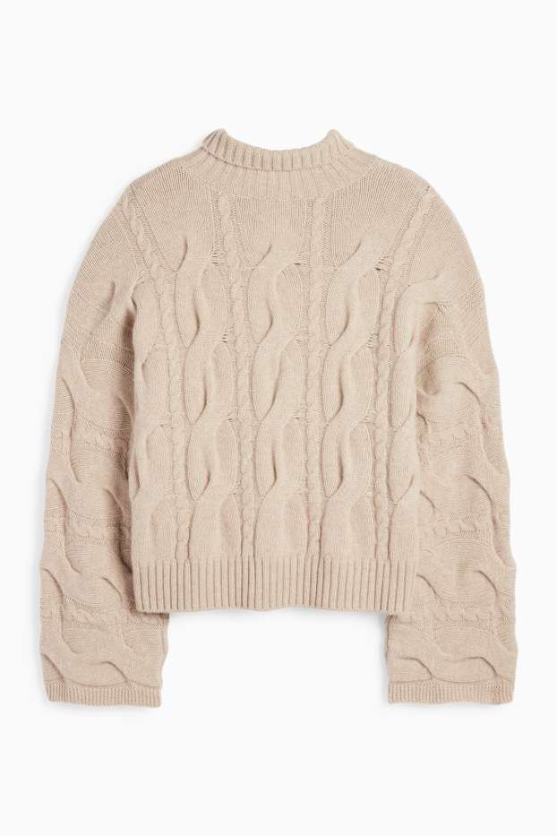 Damen - Kaschmir-Rollkragenpullover - Zopfmuster - beige