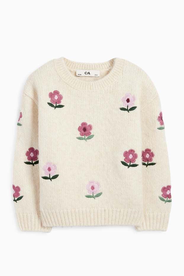 Kinder Mädchen - Blume - Pullover - hellbeige