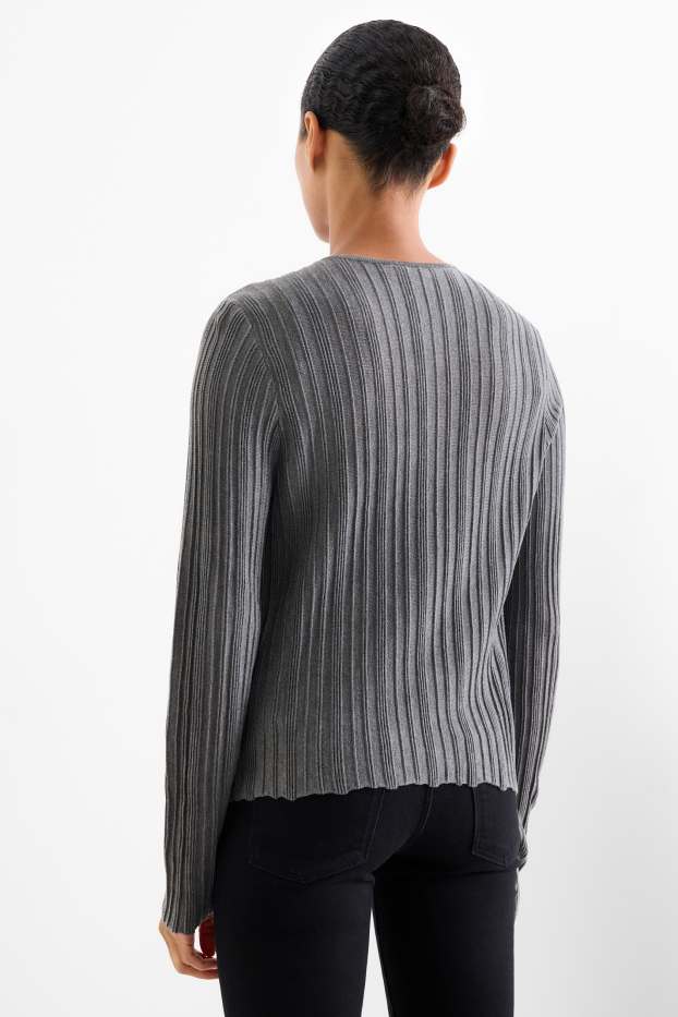 Women - Cardigan - ribbed - gray