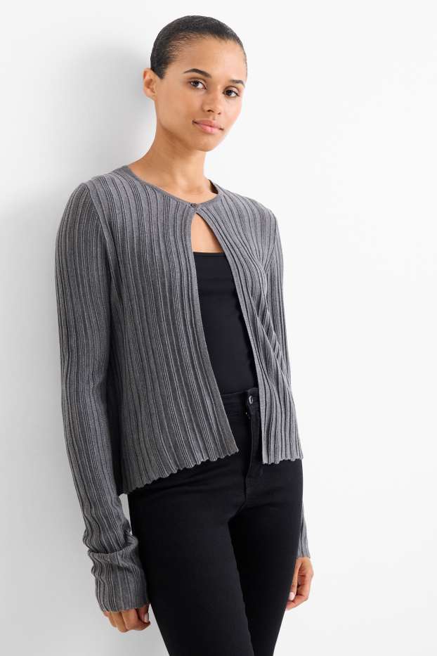 Women - Cardigan - ribbed - gray