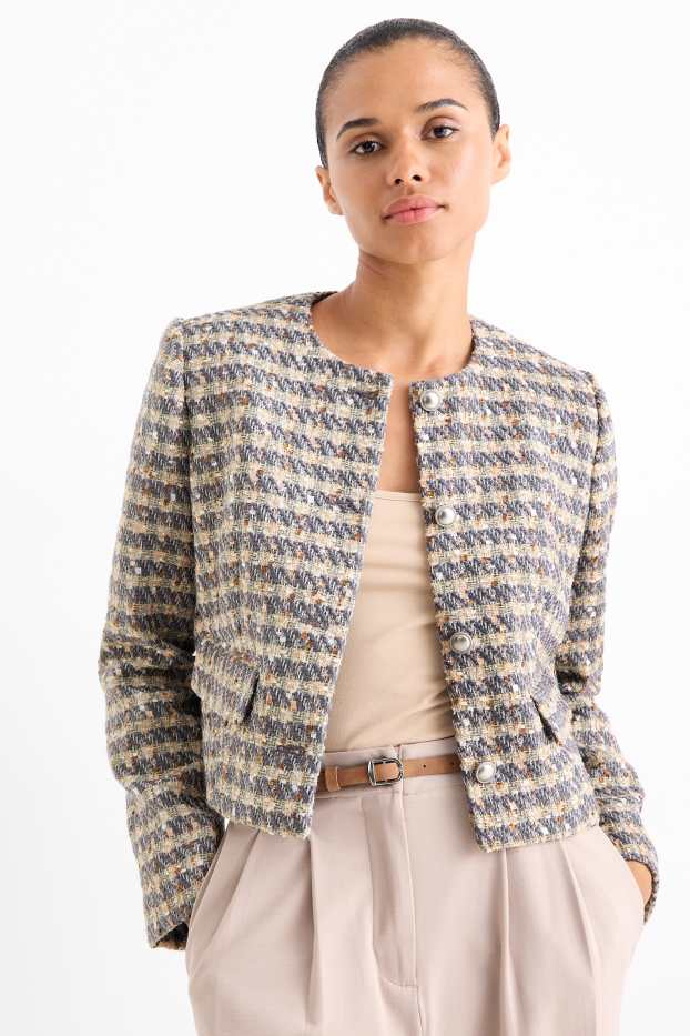 Women - Bouclé blazer - relaxed fit - shiny - check - blue / beige