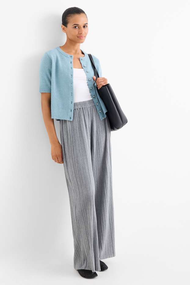 Damen - Plissee-Hose - High Waist - Wide Leg - grau
