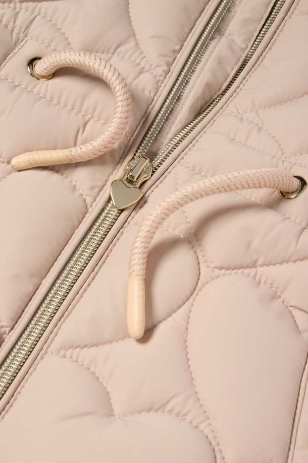 Kinderen: meisjes - Bodywarmer met capuchon - waterafstotend - met patroon - beige