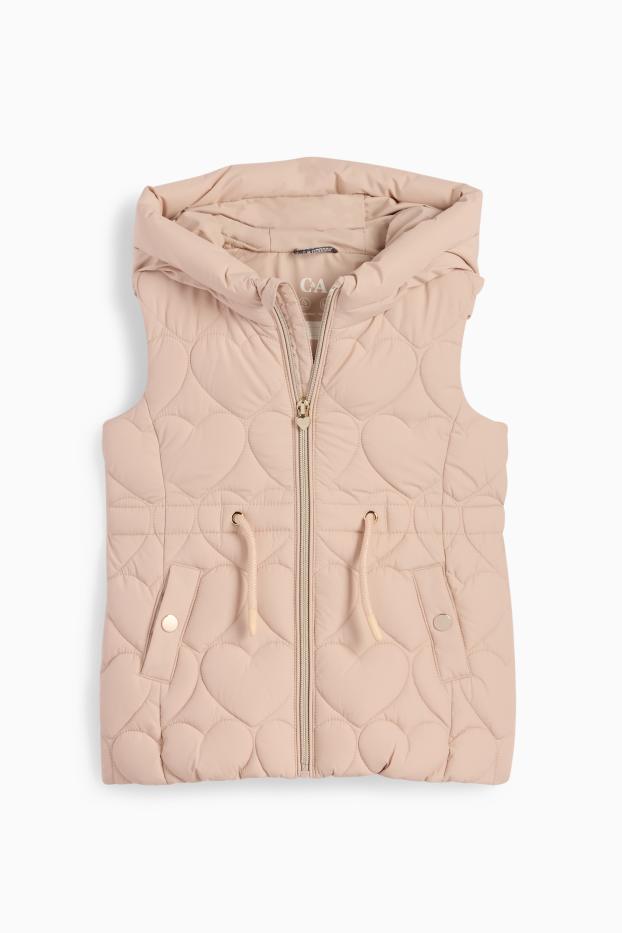 Kinderen: meisjes - Bodywarmer met capuchon - waterafstotend - met patroon - beige